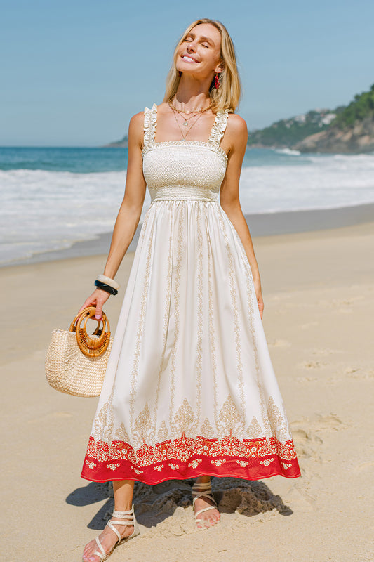 Zweifarbiges ?rmelloses Gesmoktes Maxikleid